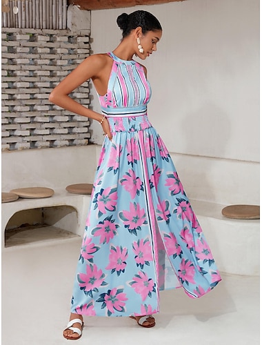 Satin Print Halter Neck Backless Maxi Dress