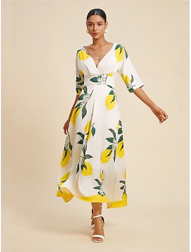 Women's Hem Maxi Satin Maxi Maxi Dress Yellow Half Sleeve Fruit Print Spring and Summer V Neck Dresses Vacation S M L