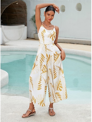 Satin Gold Leaf Print Swing Neck Jumpsuit