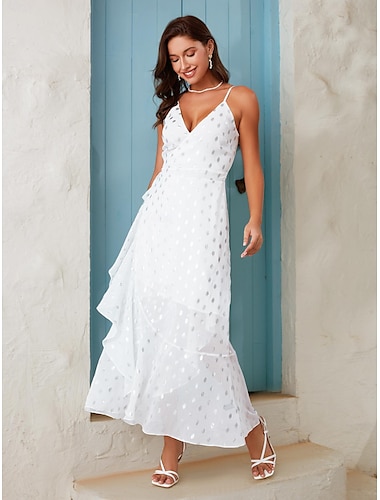 Women's Chiffon White Dress Polka Dot Spaghetti Strap Maxi Dress