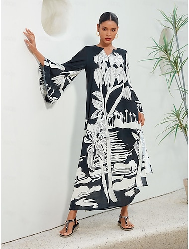 Vacation V Neck Long Sleeve Maxi Dress