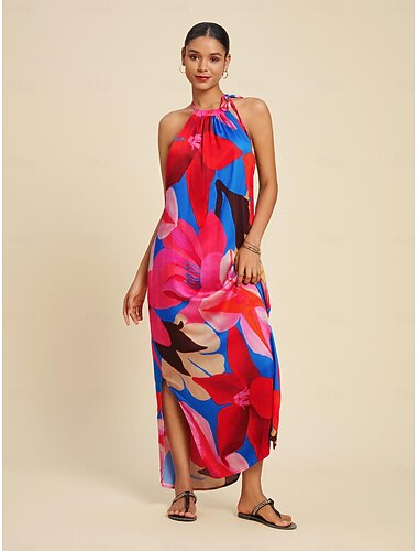 Mujer Vestido de verano Vestido de cuello halter Vestido Estampado vestido largo vestido largo Rosa Rojo Sin Mangas Moda Flores Flor / Plantas Cabestro Estilo Floral Estampado Primavera verano Cuello