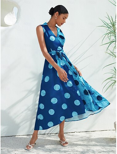 Satin Polka Dot Sleeveless Belted Midi Dress