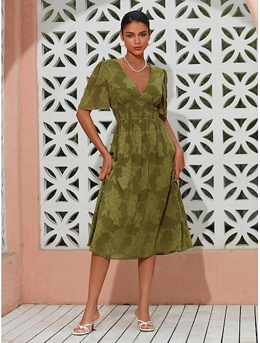 Women's Elegant Dress Yellow Green Short Sleeve Jacquard Jacquard Spring & Summer V Neck Elegant Dress Date Vacation S M L