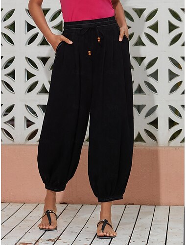 Women's Linen Black Loose Pleated Adjustable Drawstring Dhoti Pants with Pockets