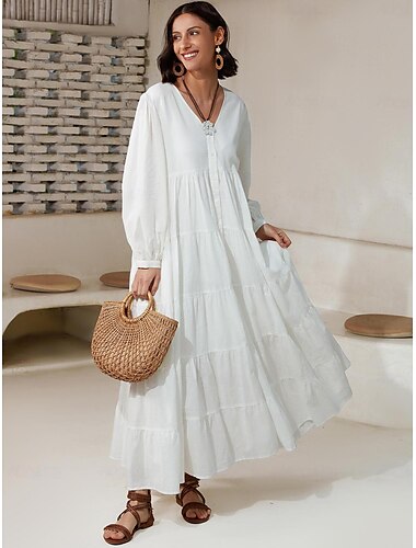 Women's Linen Cotton Blend White Dress Button V Neck Solid Color Boho Maxi Dress