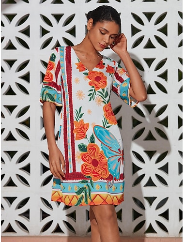 Women's Print Dress Mini Dress Orange Half Sleeve Flowers Floral Style Printing Summer V Neck Dresses Vacation XS S M