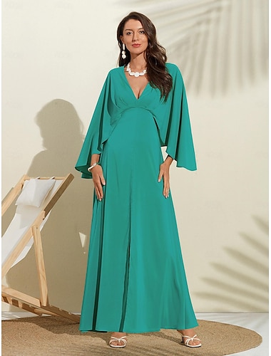 Women's Party/Wedding Guest Chiffon Dress Maxi Green V-Neck Dolman Sleeve Cape Design dress to impress 2024