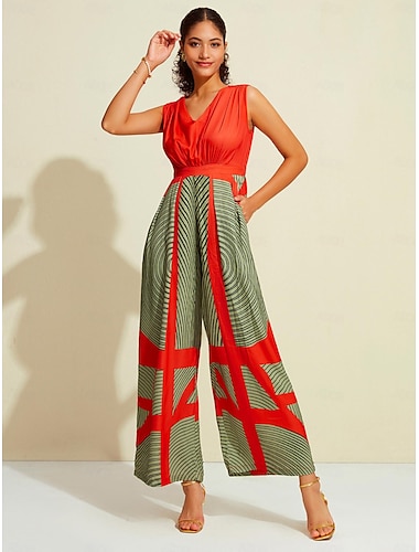 Satin Striped Sleeveless V Neck Jumpsuit