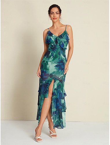 Chiffon Wedding Guest Floral Ruffle Split Ends Sleeveless Maxi Dress