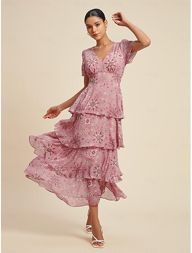 Chiffon Wedding Guest Floral V Neck Short Sleeve Maxi Dress