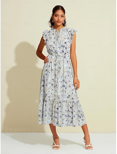 Chiffon Floral Cap Sleeve Swing Tied Neck Midi Dress