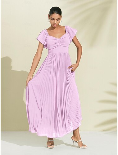 Women's Chiffon Wedding Guest Maxi Dress Elegant Blue Sweetheart Pleated V-Neck Short Sleeve A-Line Formal Evening Dress