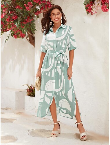 Satin Geometric Belted Short Sleeve Maxi Dress