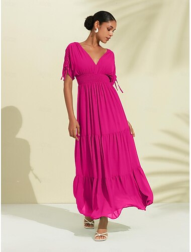 Rose Red Chiffon Wedding Guest/Vacation/Party Halter V Neck Tie Back Smock Maxi Dress dress to impress 2024