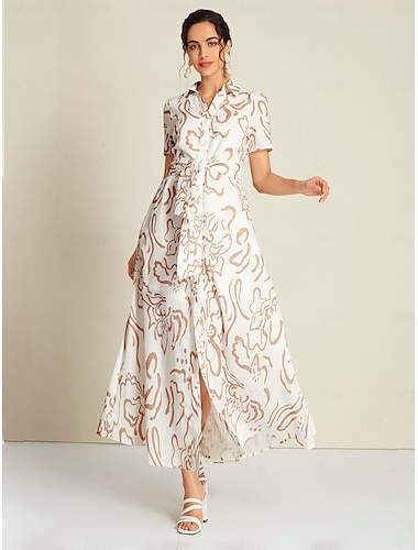 Apricot Belted Short Sleeve Maxi Shirt Dress