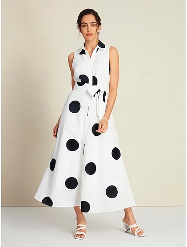 Polka Dot Sleeveless Tie Belt Maxi Dress