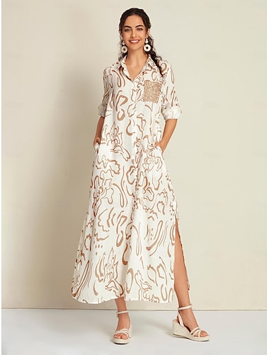 Sequin Apricot Curve Pocket Roll Up Sleeve Maxi Shirt Dress