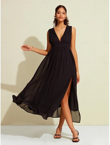 Black Chiffon Wedding Guest Shirred Split Plunging Neck Sleeveless Maxi Dress dress to impress 2024