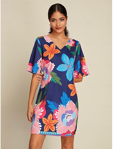 Satin Floral Print Vacation Half Sleeve V Neck Mini Dress