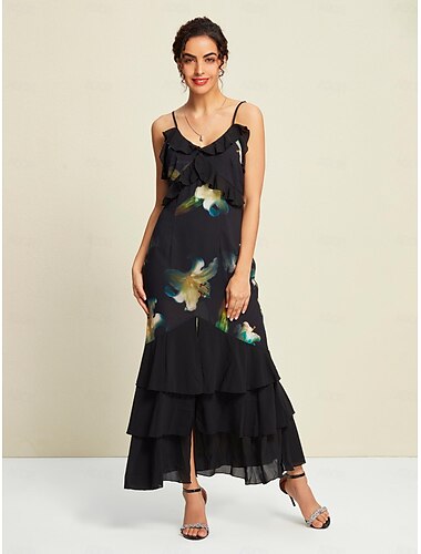 Chiffon Wedding Guest Floral Ruffle Hem Party Sleeveless Maxi Dress