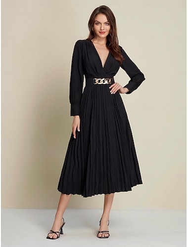  Black Satin Pleated Party/Wedding Guest Deep V Long Sleeve Belted Maxi Dress dress to impress 2024