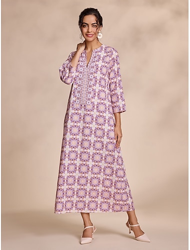 Ethnic Floral Notched Collar Maxi Dress