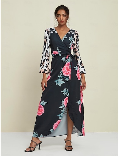 Satin Wedding Guest Floral Leopard Print Long Sleeve V Neck Maxi Dress