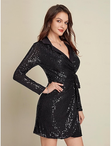  Black Sequin Deep V Wedding Guest/Party/Birthday Long Sleeve Mini Dress Wrap Dress dress to impress 2024