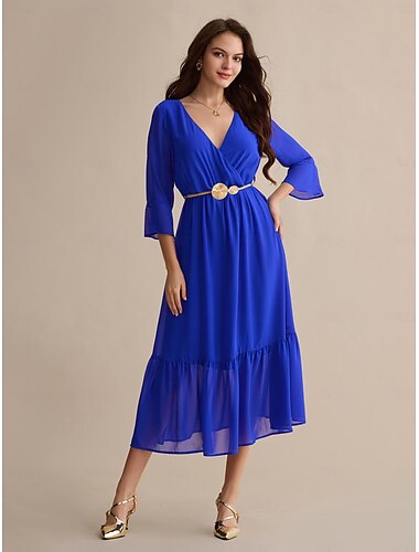 Chiffon Wedding Guest Royal Blue Belted 3/4 Length Sleeve V Neck Midi Dress dress to impress 2024