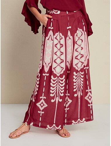 Casual Folk Print Wide Leg Maxi Pants