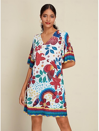 Satin Floral Print Half Sleeve V Neck Mini Dress