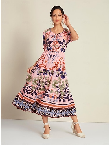 Floral Lace Up Elegant Short Sleeve Midi Dress