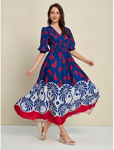 Satin Swing Floral Smocked 3/4 Length Sleeve V Neck Maxi Dress