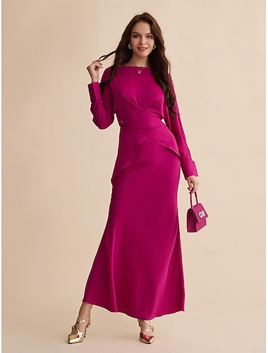 Satin Wedding Guest Magyar Sleeve Shirt & Mid Waist Maxi Skirt Two Piece Set