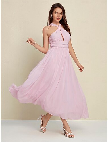 Chiffon Wedding Guest Halter Neck Sleeveless Midi Dress