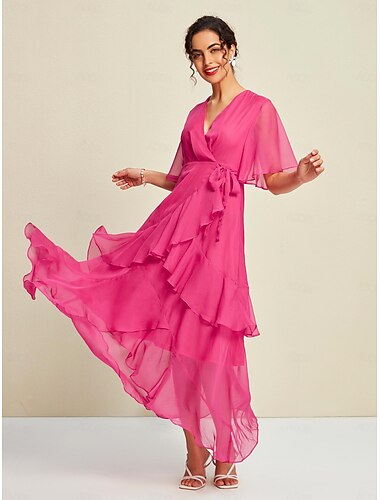 Pink Chiffon Wedding Guest/Party Solid Ruffle Sleeve Elegant Maxi Dress dress to impress 2024