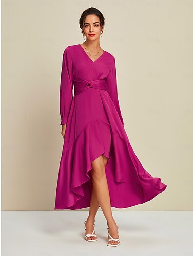 Magenta Satin Wedding Guest Long Sleeve Tie Back Maxi Party Dress dress to impress 2024