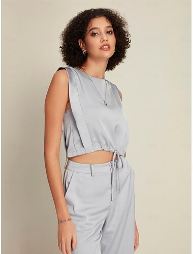 Satin Drawstring Round Sleeveless Tank