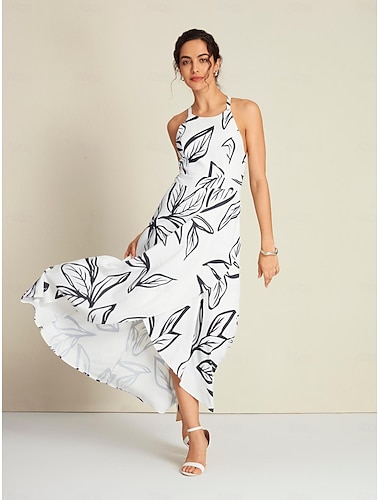 Plants Print Cross Back Halter Neck Maxi Dress