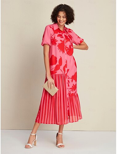 Chiffon&Satin Rose Red Floral Stripe Asymetric Hem Short Sleeve Maxi Dress