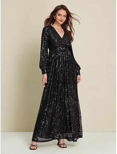  Robe longue noire a paillettes pour invites de fete/mariage, col en V, manches longues, pour impressionner 2024