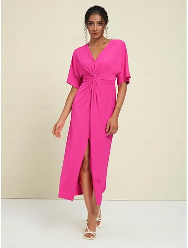 Modal Rose Red Party/Wedding Guest Knot Front Short Sleeve V Neck Party Maxi Dress dress to impress 2024