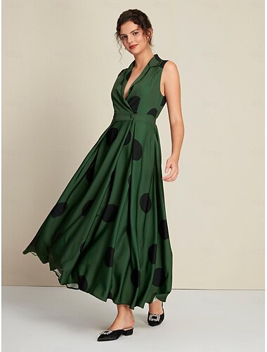 Satin Hem Polka Dot Shirt Collar Sleeveless V Neck Maxi Dress