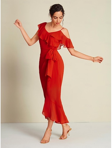 Red Chiffon Party/Wedding Guest Mismatched Short Sleeve Midi Dress dress to impress 2024