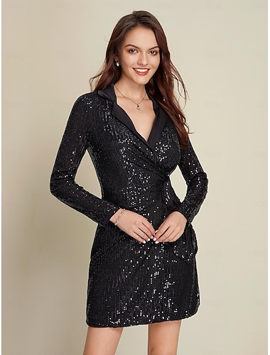 Robe portefeuille noire à paillettes et décolleté en V profond pour invités de mariage/fête/anniversaire à manches longues pour impressionner 2024