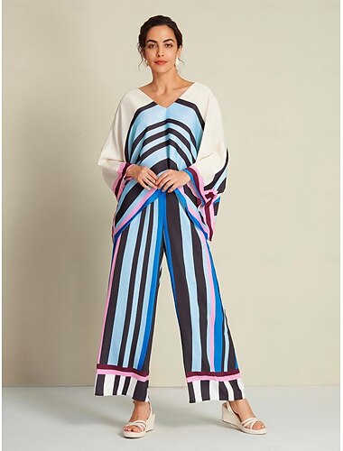 Satin Stripe Magyar Sleeve Blouse & Maxi Pants Two Piece Set