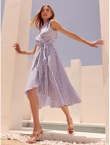 Mulheres Roupas de resort Vestido elegante Vestido maxi longo Azul Manga Curta Listra gravata na frente Listas Estampado Primavera Verão Frente Cruzada Elegante Férias vestido de férias S M L