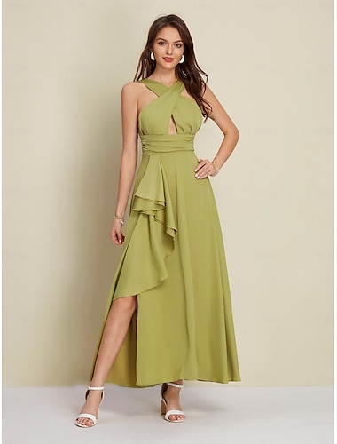  Damen-Maxikleid in Armeegruen fuer Partys/Hochzeitsgaeste/Cocktails, Satin, gruen, Neckholder, Schlitz vorne, Cut-Out, asymmetrisches Rueschenkleid zum Beeindrucken, 2024