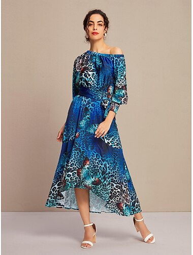 Satin Wedding Guest Butterfly Leopard Slash Neck Maxi Dress